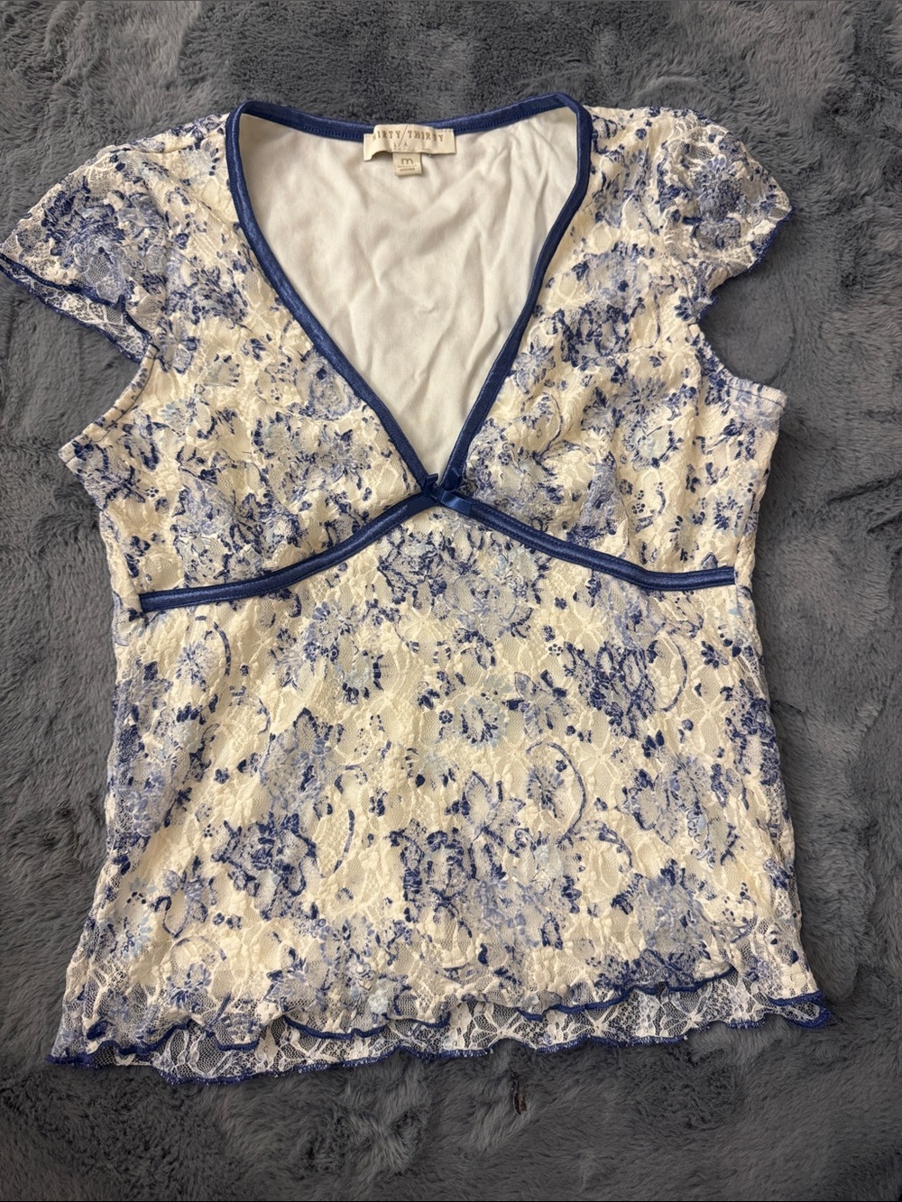 White and Blue Lace V-Neck Camisole with Blue Trim